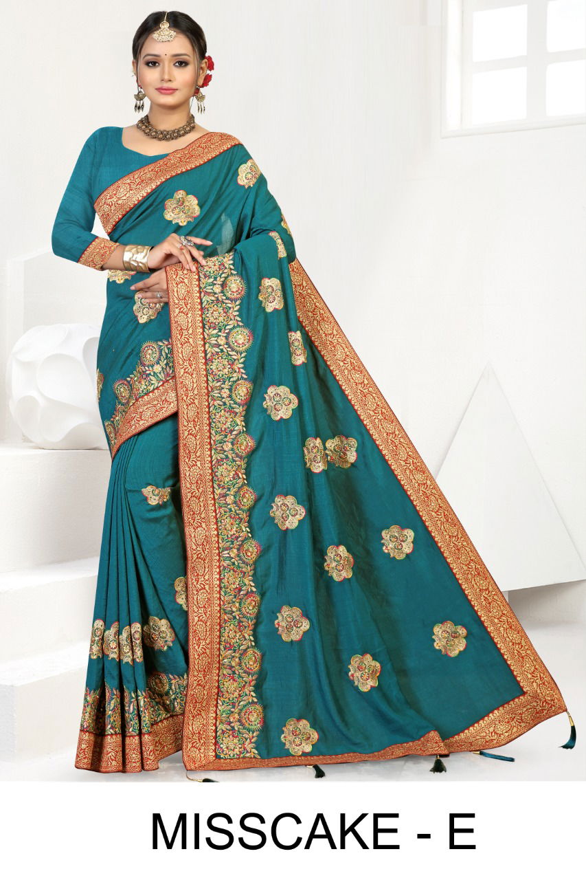 Ronisha Misscake Latest Fancy Fastive Wear Designer Vichitra Silk Saree Collection   